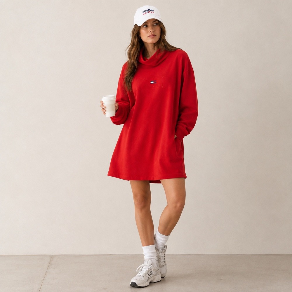 Tommy Jeans Cowl Neck Sweatshirt Dress Womens Size L Red Oversized Logo Sporty